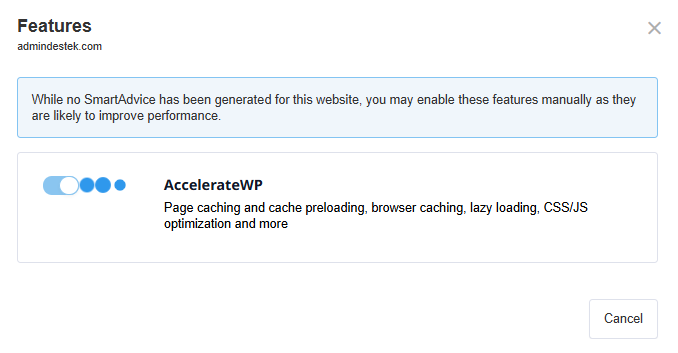 AccelerateWP anahtarı açılıyor
